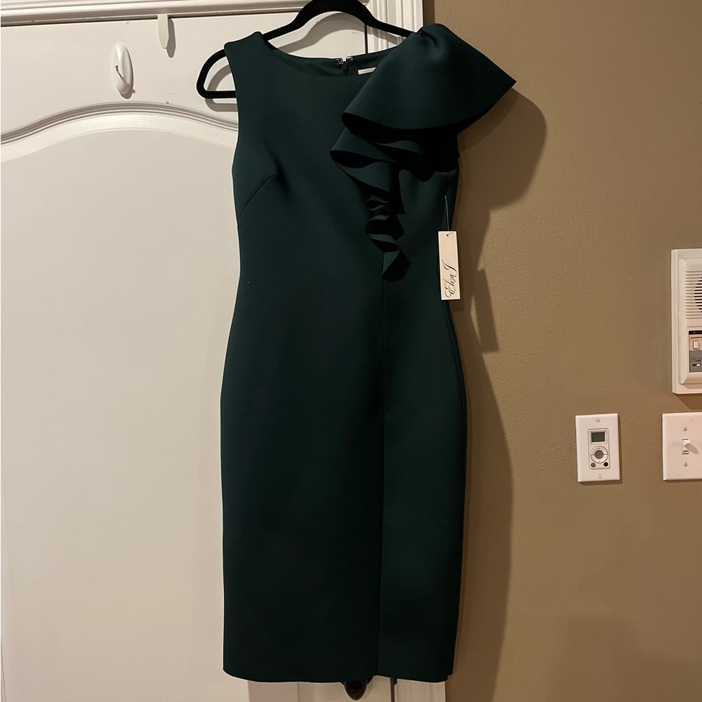 Hunter Green Ruffle Shoulder Midi Dress